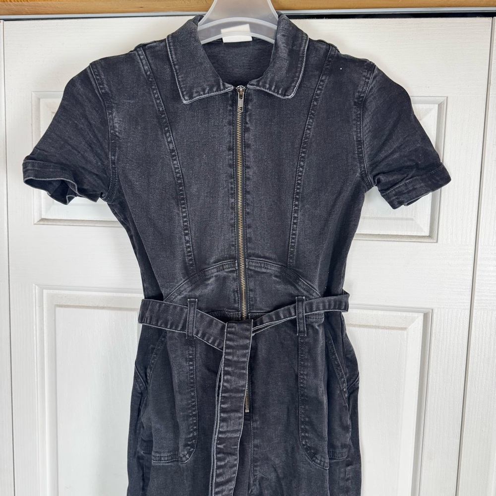 Suki So Black Denim Jumpsuit Zip Front Collar Belted Flare Leg Women's S - Picture 2 of 8